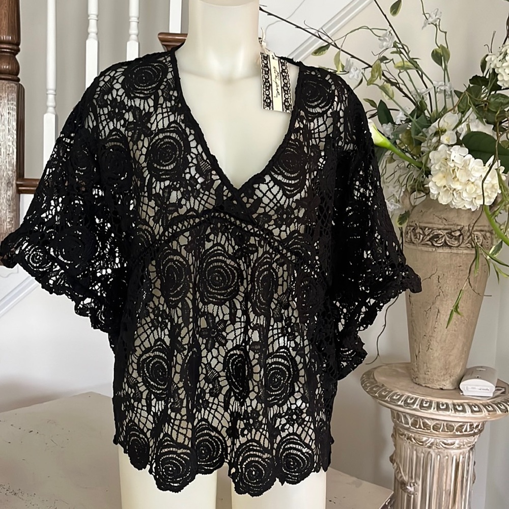 Black Lace Bat Wing Blouse
